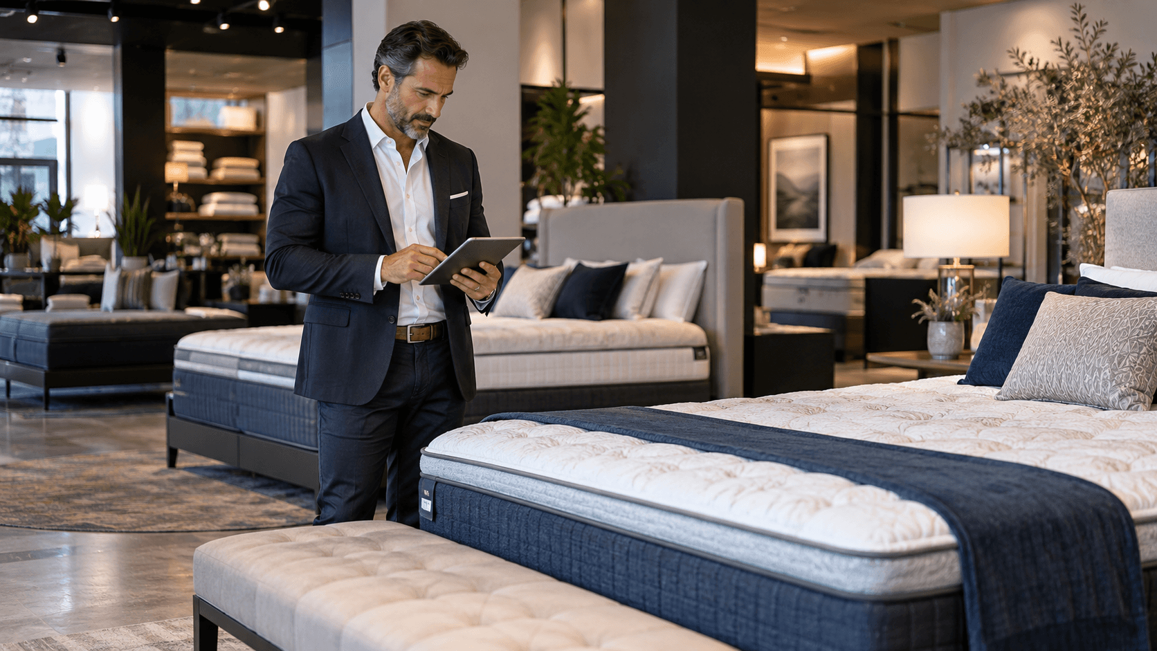 Executivo analisa indicadores de rentabilidade na indústria de colchões em showroom