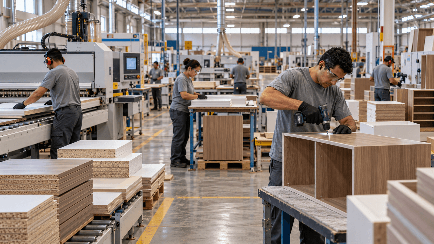 Trabalhadores na linha de produção de uma indústria moveleira, realizando montagem de móveis com painéis de madeira, ilustrando a produção de móveis em agosto de 2026