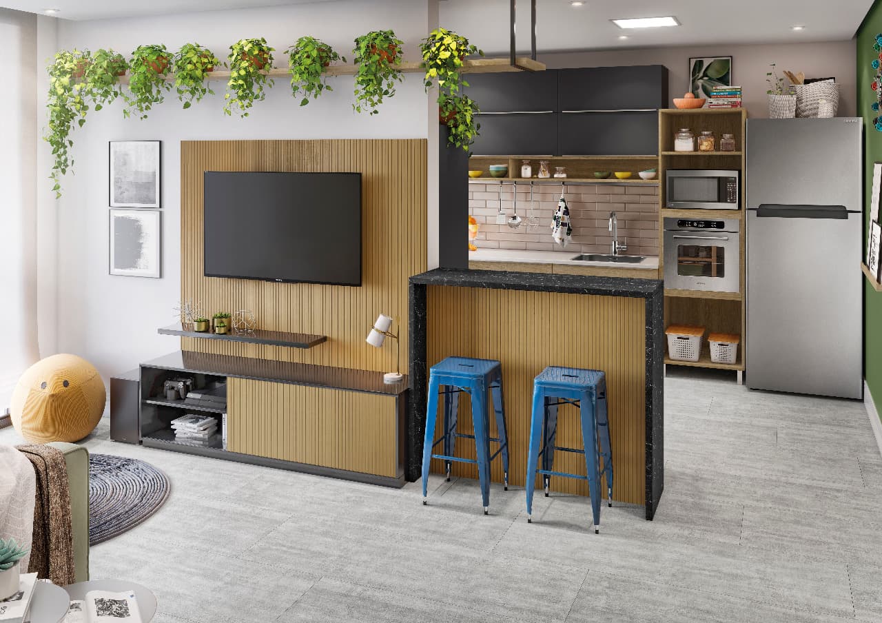 Sala Planeta - Painéis MDP Perffect Wood Elmo Canaletado + Perffect Touch Preto Ônix + BP TX Nero Marquina