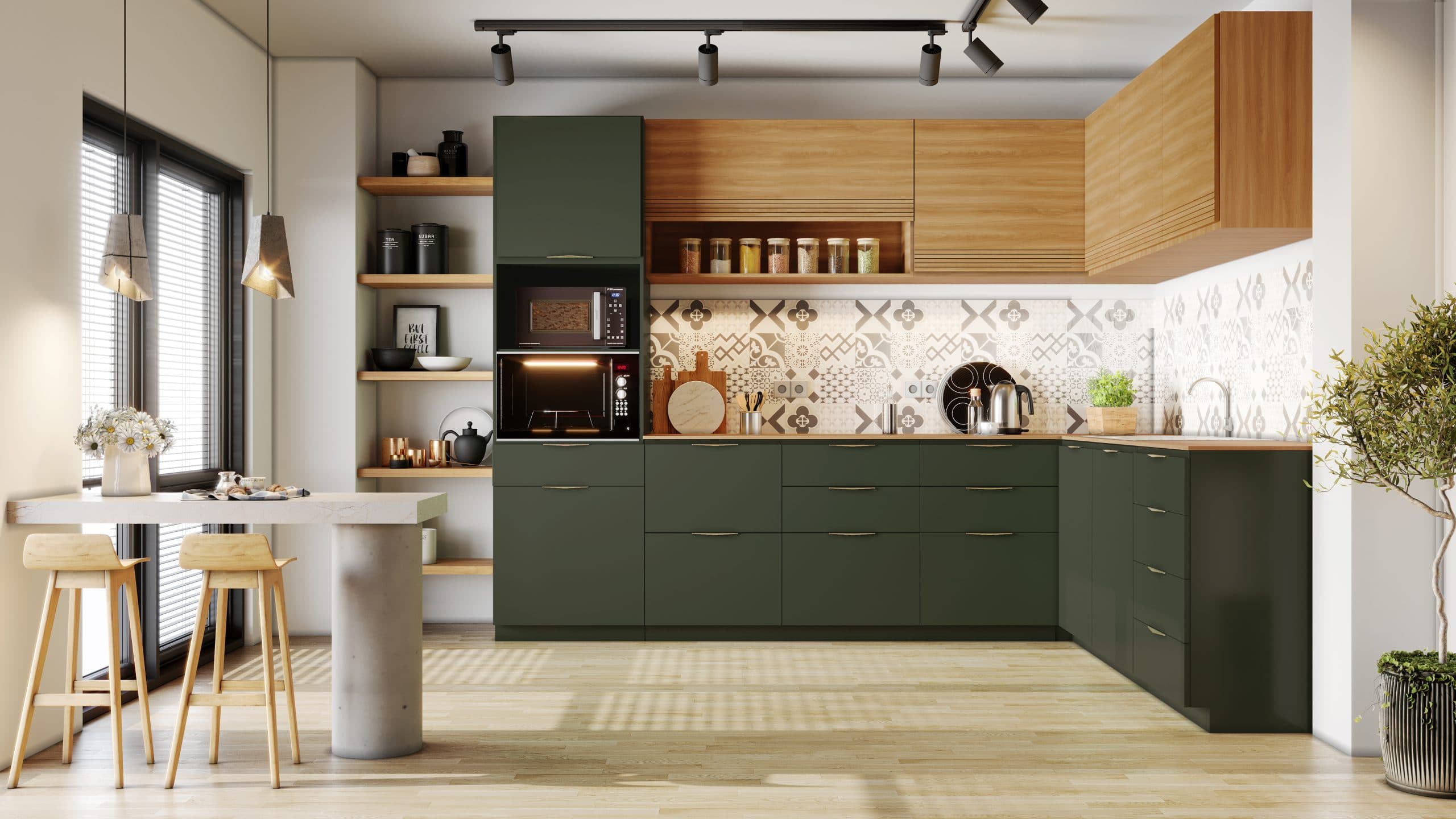 Na cozinha de linhas retas, a contemporaneidade da composição do MDP Perffect Wood Colors Verde Amalfi com o amadeirado Nogal Manchester