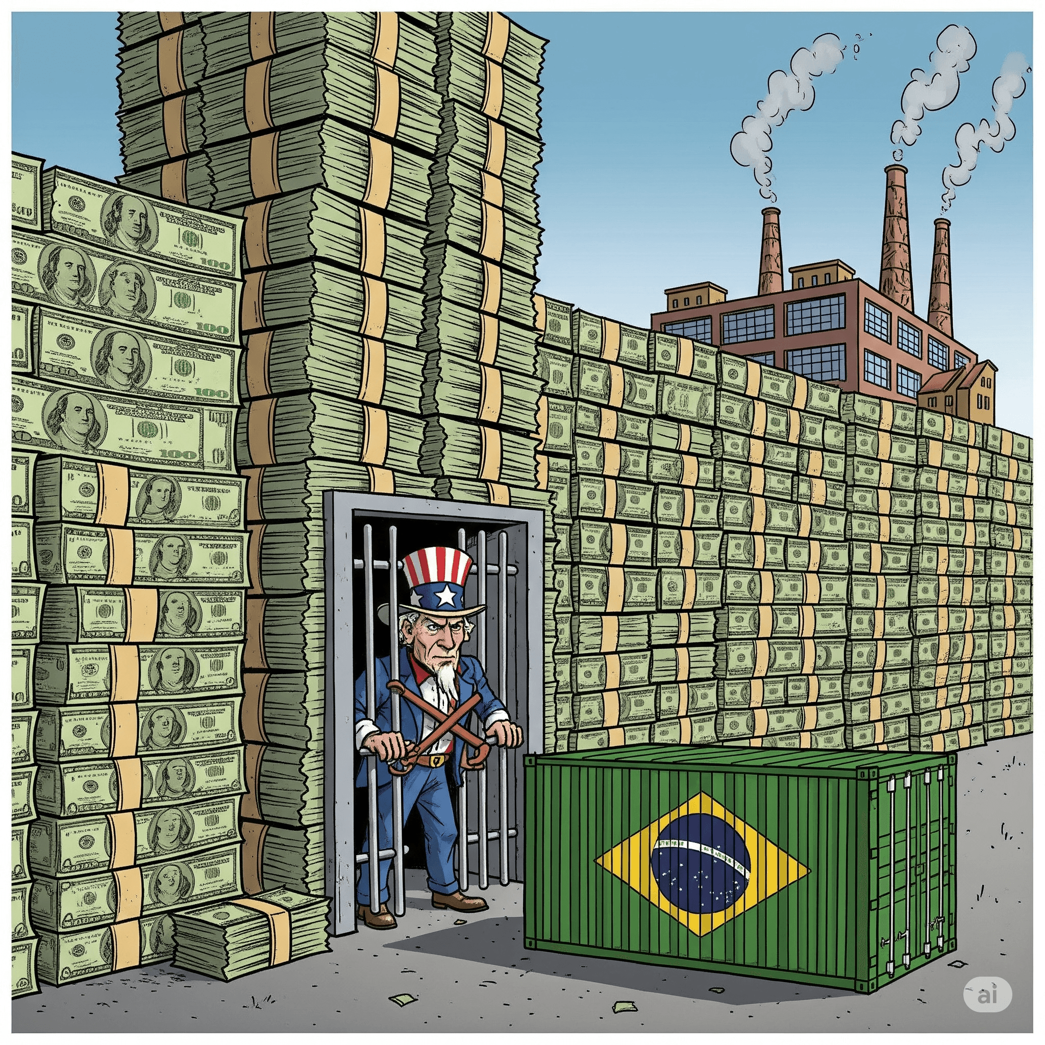 Ilustração editorial sobre a tarifa dos EUA: Tio Sam bloqueia um contêiner do Brasil diante de um muro de dólares, simbolizando a barreira tarifária. Ao fundo, uma fábrica de móveis brasileira parada representa o impacto na indústria