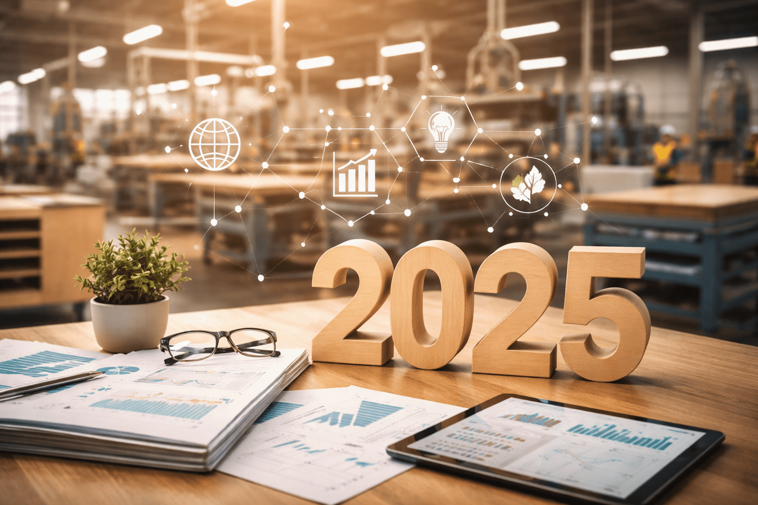 Mesa com relatórios e gráficos em ambiente industrial de fábrica moveleira, imagem editorial de retrospectiva 2025