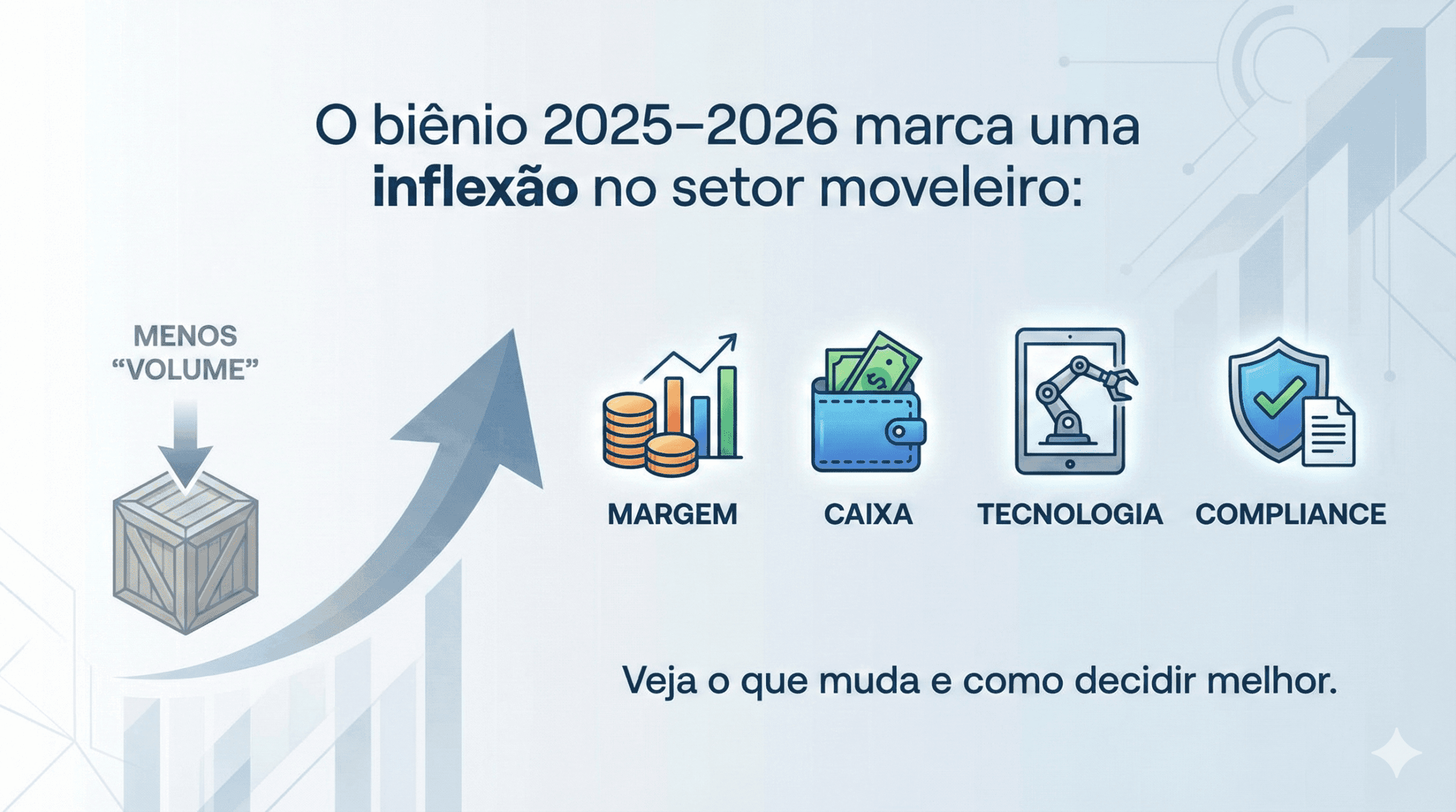 Arte com a frase “O biênio 2025–2026 marca uma inflexão no setor moveleiro”, destacando a mudança de foco para margem, caixa, tecnologia e compliance.