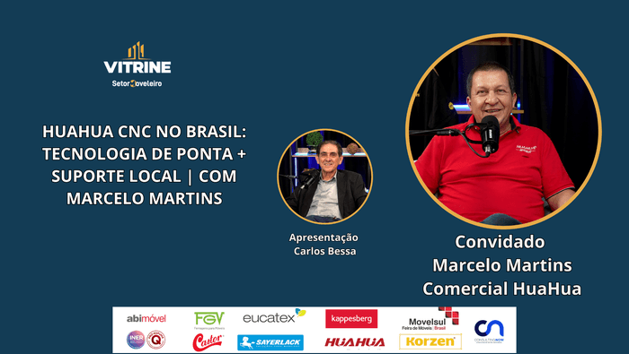 Capa do Vitrine Setor Moveleiro sobre Huahua CNC no Brasil, com Marcelo Martins e apresentação de Carlos Bessa