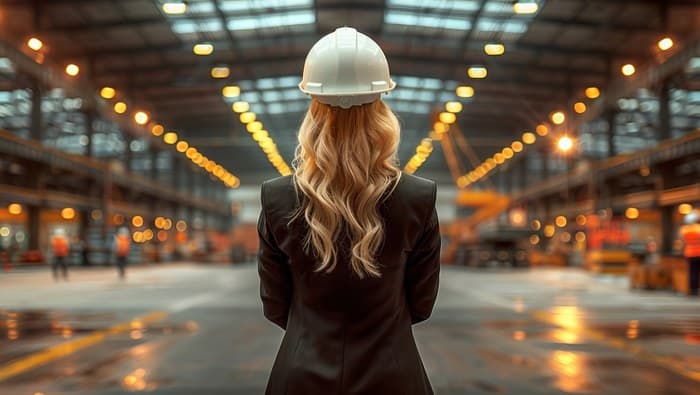 Profissional com capacete em ambiente industrial, representando desafios de mão de obra qualificada e Indústria 4.0 no setor moveleiro.