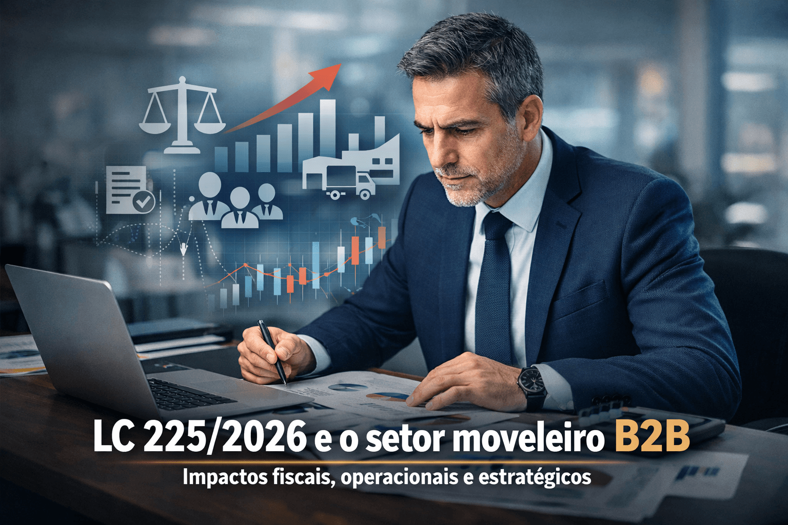 Executivo analisando dados fiscais e operacionais em escritório, com elementos gráficos de mercado e destaque para os impactos da LC 225/2026 no setor moveleiro B2B