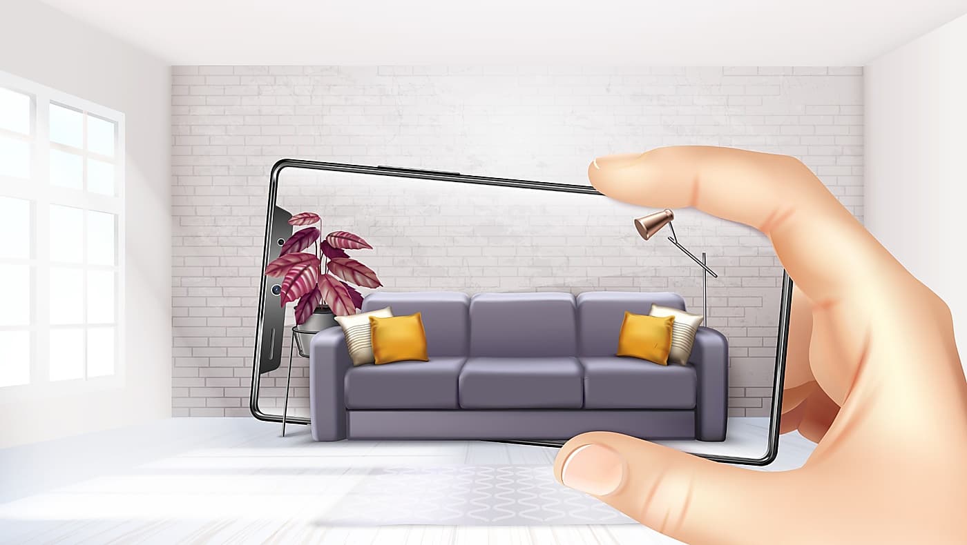 Ambiente com sofá visualizado por smartphone, representando configuradores 3D, orçamento instantâneo e venda digital no setor moveleiro B2B