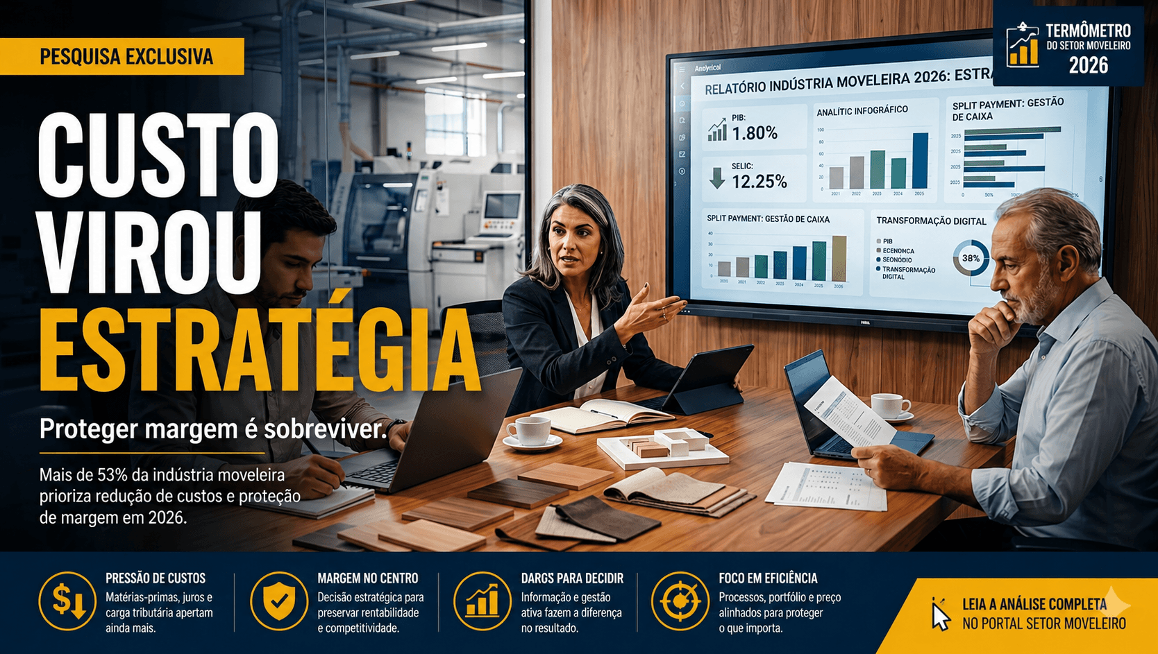 Executivos da indústria moveleira analisam custos, margem e cenário econômico em reunião estratégica dentro de ambiente fabril