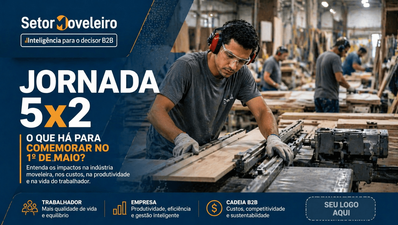 Capa editorial sobre jornada 5x2 no setor moveleiro com trabalhador em fábrica e foco em produtividade e custos