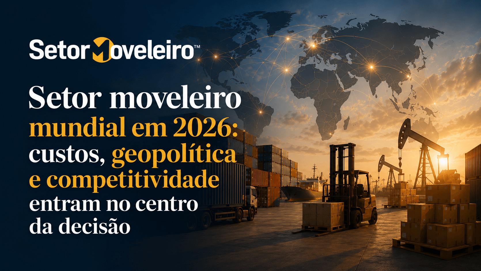Setor moveleiro mundial em 2026 com mapa global, logística, petróleo e cadeia produtiva internaciona