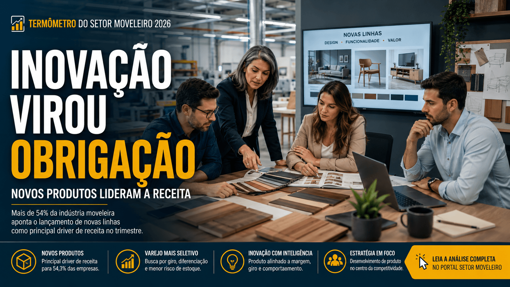 Executivos e equipe de desenvolvimento analisam novos produtos da indústria moveleira em reunião estratégica com ambiente fabril ao fundo