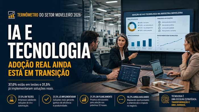 Executivos analisam dados de inteligência artificial e tecnologia na indústria moveleira em reunião estratégica com ambiente fabril ao fundo