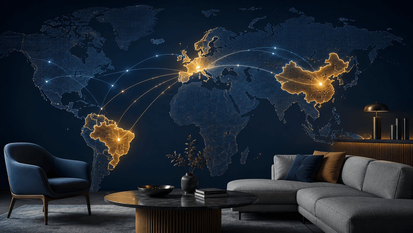 Mapa global com destaque para Brasil, Europa e China, conectado por linhas comerciais, com mobiliário em primeiro plano representando o setor moveleiro global