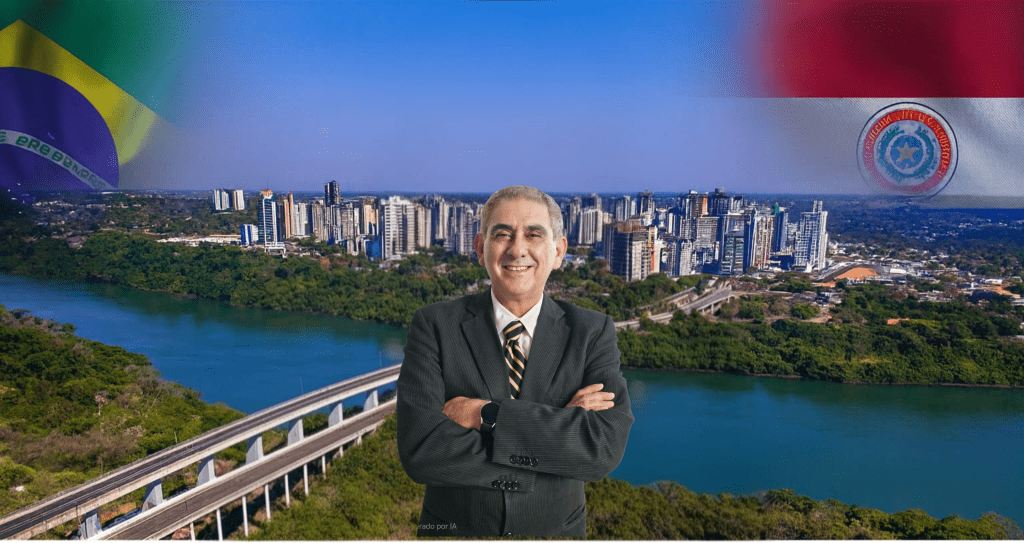 Vista de Ciudad del Este com a ponte Brasil–Paraguai e o com a imagem do fundador da Plataforma Setor Moveleiro, simbolizando a nova base internacional da plataforma