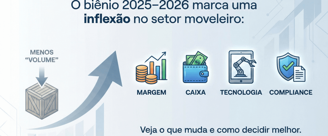 Arte com a frase “O biênio 2025–2026 marca uma inflexão no setor moveleiro”, destacando a mudança de foco para margem, caixa, tecnologia e compliance.