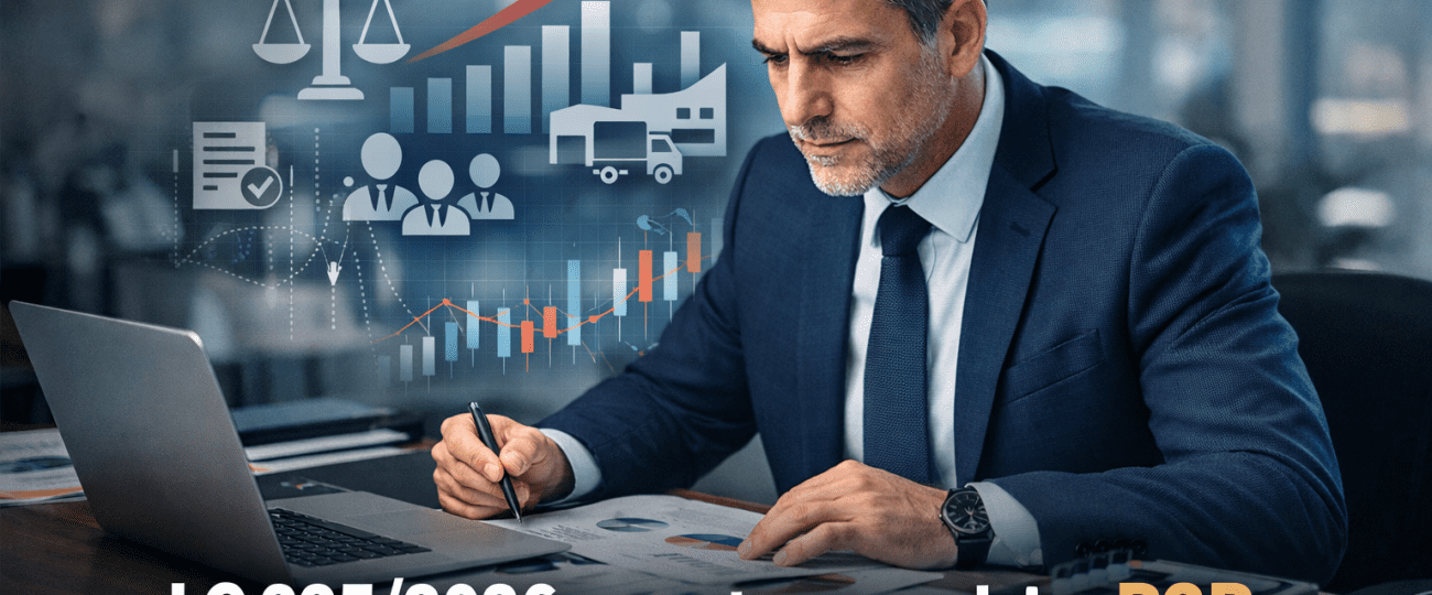 Executivo analisando dados fiscais e operacionais em escritório, com elementos gráficos de mercado e destaque para os impactos da LC 225/2026 no setor moveleiro B2B