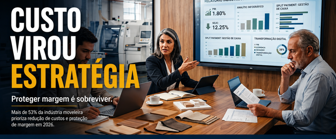 Executivos da indústria moveleira analisam custos, margem e cenário econômico em reunião estratégica dentro de ambiente fabril