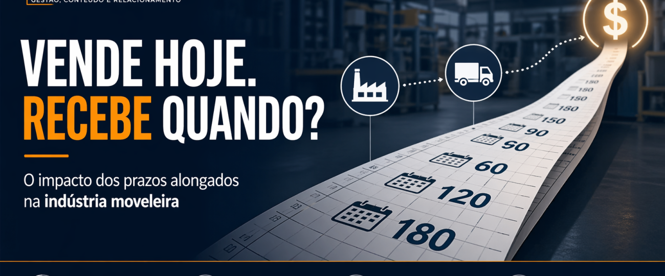 Arte sobre prazos alongados no setor moveleiro mostrando calendário estendido, indústria, logística e impacto no caixa
