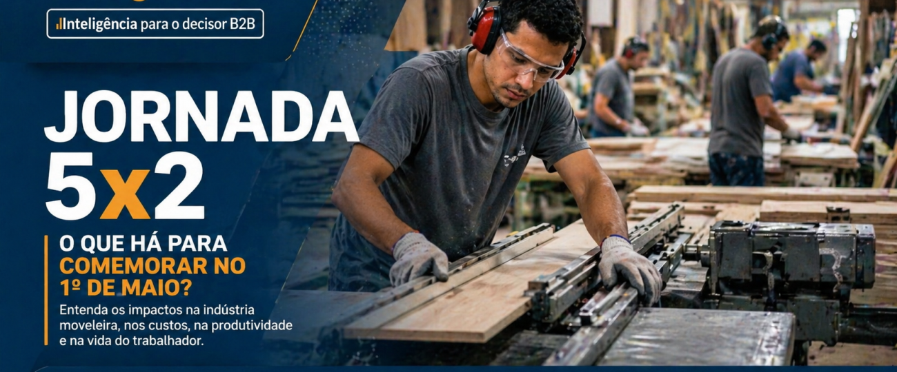Capa editorial sobre jornada 5x2 no setor moveleiro com trabalhador em fábrica e foco em produtividade e custos