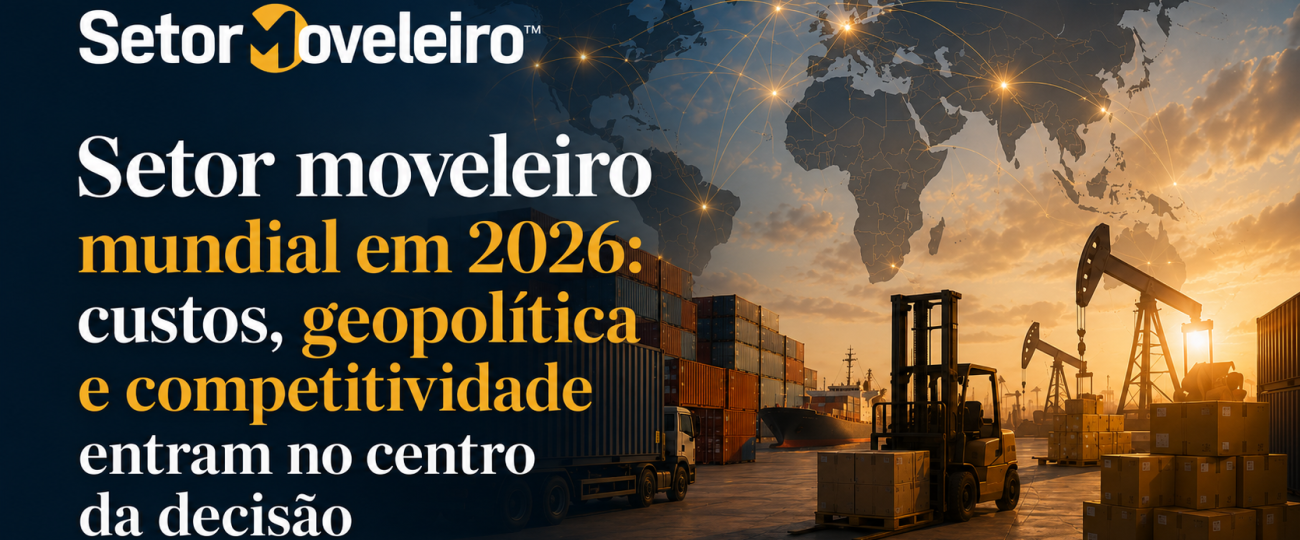 Setor moveleiro mundial em 2026 com mapa global, logística, petróleo e cadeia produtiva internaciona