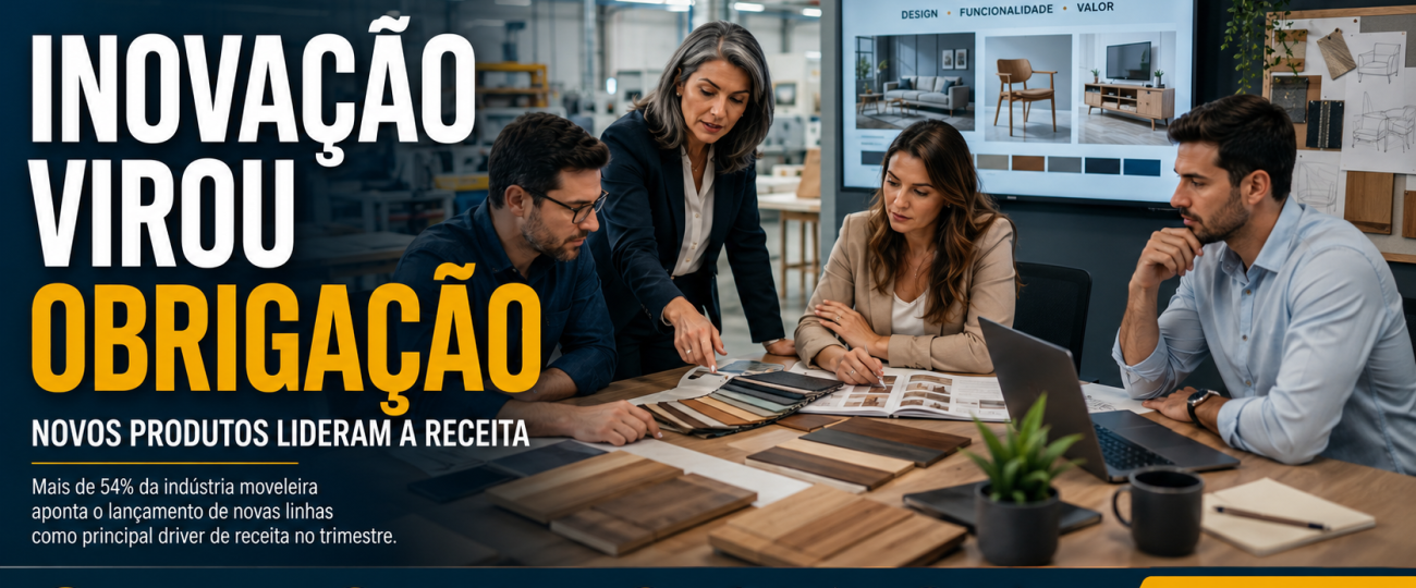 Executivos e equipe de desenvolvimento analisam novos produtos da indústria moveleira em reunião estratégica com ambiente fabril ao fundo