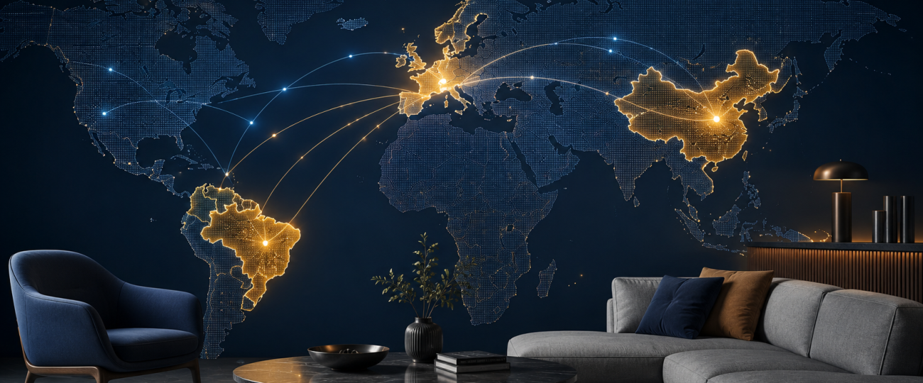 Mapa global com destaque para Brasil, Europa e China, conectado por linhas comerciais, com mobiliário em primeiro plano representando o setor moveleiro global