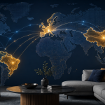 Mapa global com destaque para Brasil, Europa e China, conectado por linhas comerciais, com mobiliário em primeiro plano representando o setor moveleiro global
