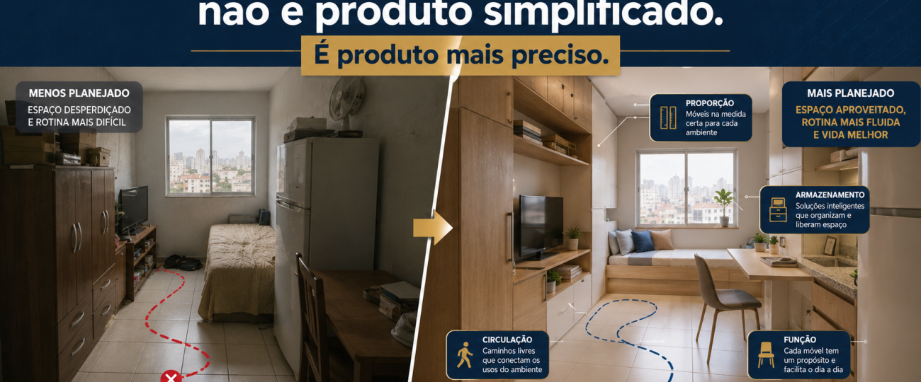 imagem corporativa mostra ambiente popular antes e depois do planejamento de móveis, destacando circulação, proporção, armazenamento e função no setor moveleiro.