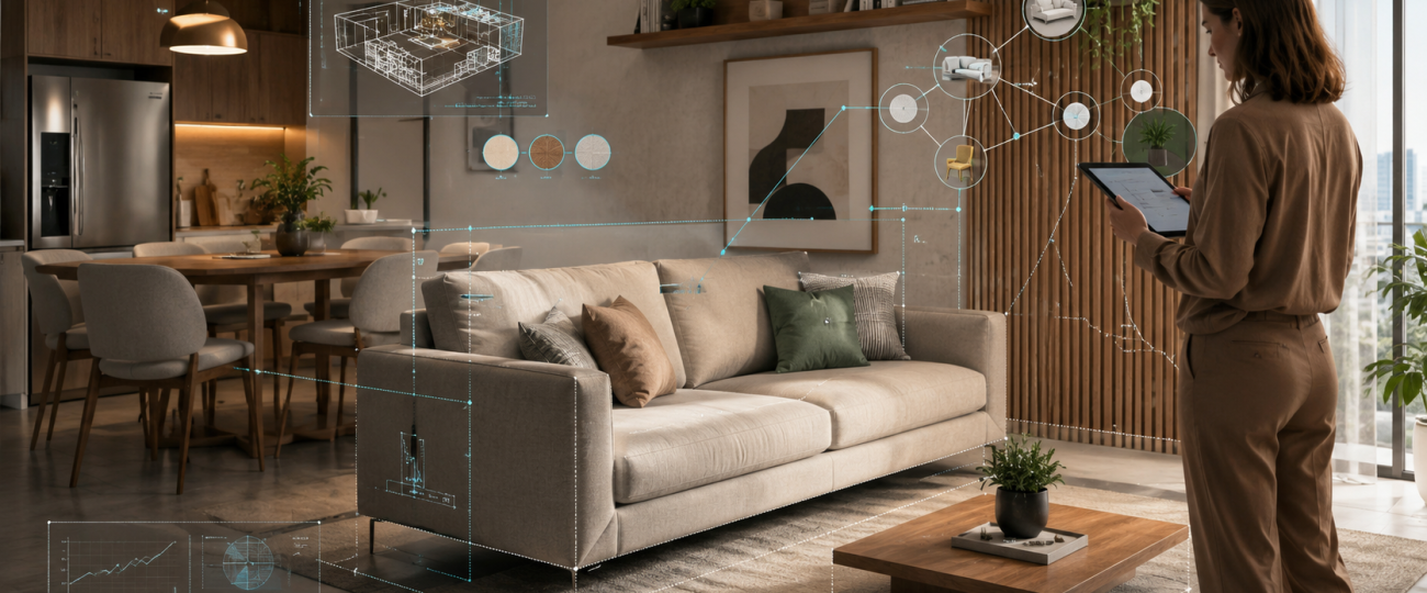 Inteligência artificial no setor moveleiro analisando móveis e ambientes residenciais